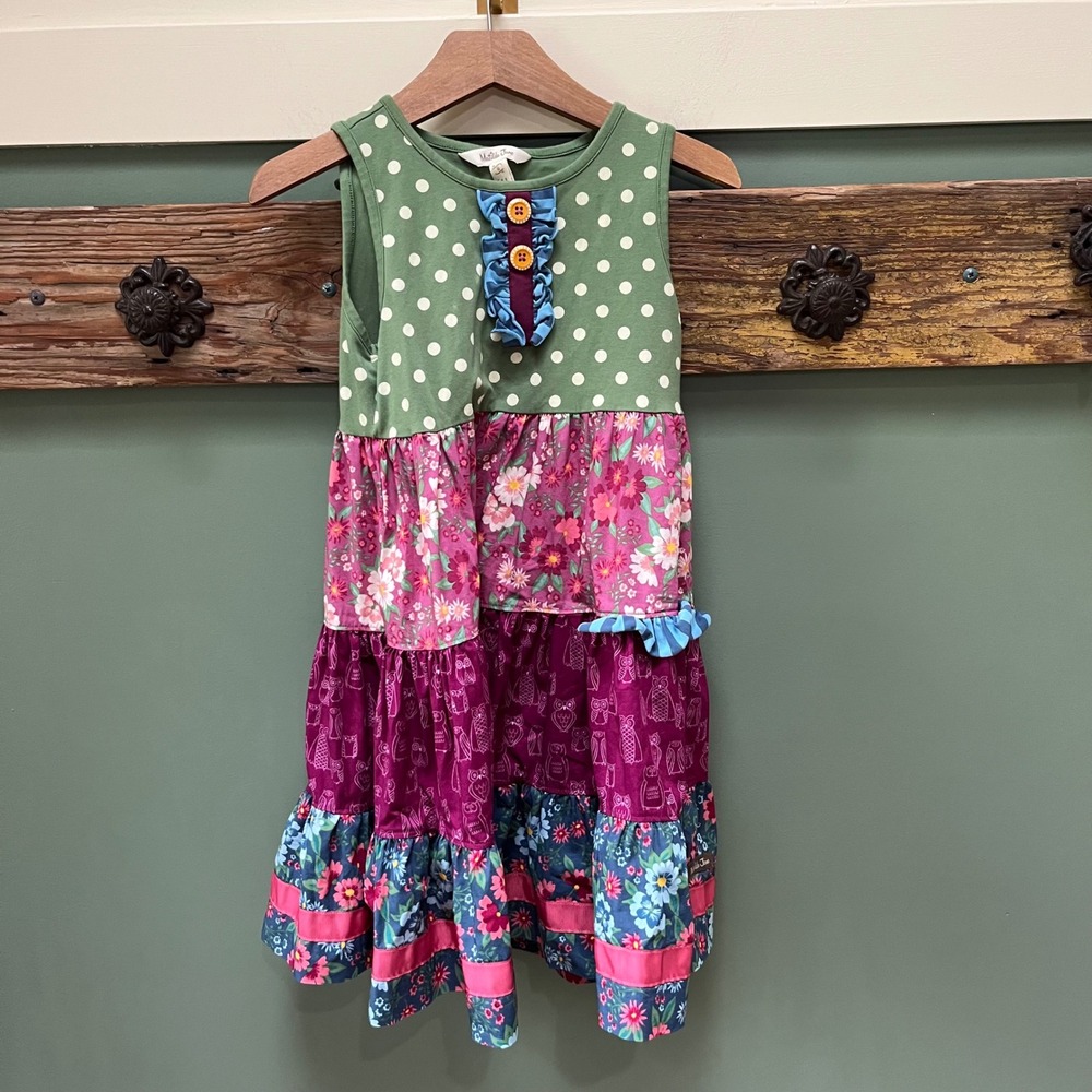 Matilda Jane Girls Green Polka Dot Floral Owl Tiered Ruffle Dress Size 8